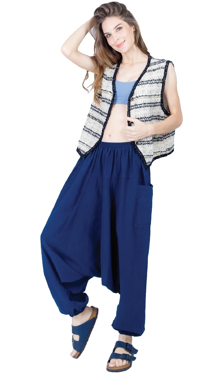 CandyHusky Women Cotton Harem Pants Casual Elastic Waist Boho Pants ComfortSoft - Blue - Image 4